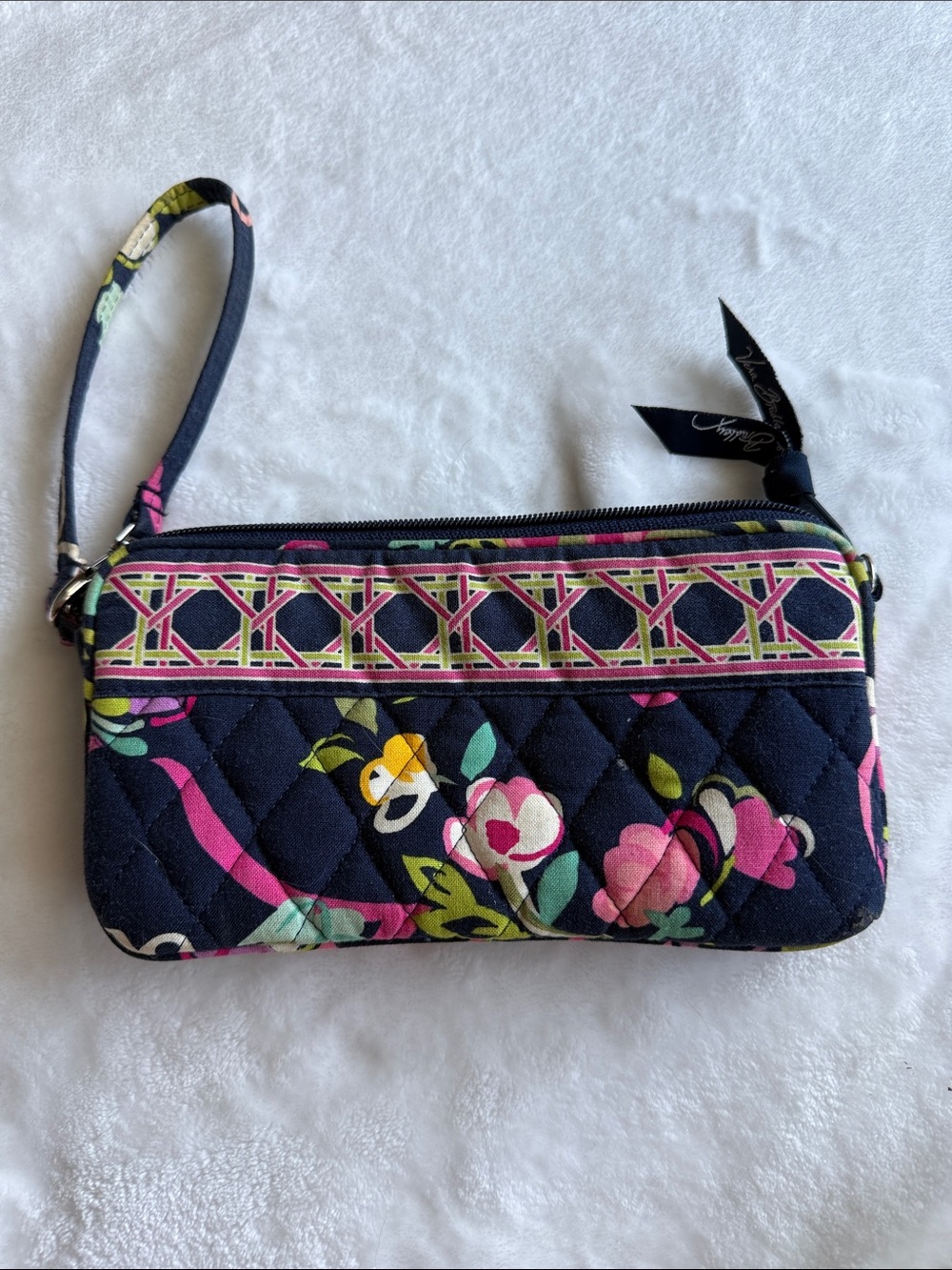 Vera Bradley Navy Quilted Floral Wristlet with Pink and Green Accents
